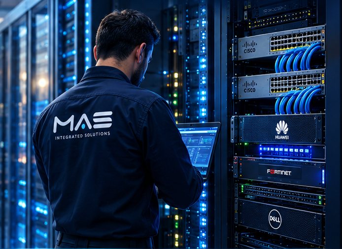 MAS engineer working at network and server racks in a data center